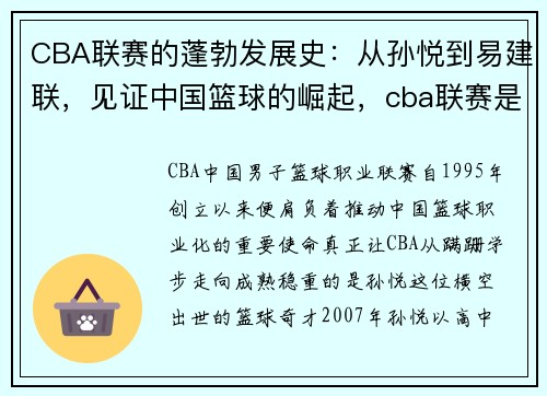 CBA联赛的蓬勃发展史：从孙悦到易建联，见证中国篮球的崛起，cba联赛是从哪年开始的