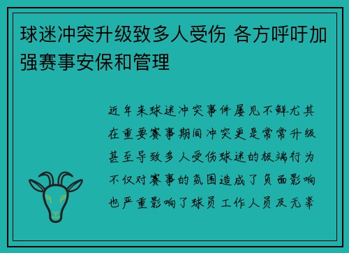 球迷冲突升级致多人受伤 各方呼吁加强赛事安保和管理 球迷冲突升级致多人受伤 各方呼吁加强赛事安保和管理